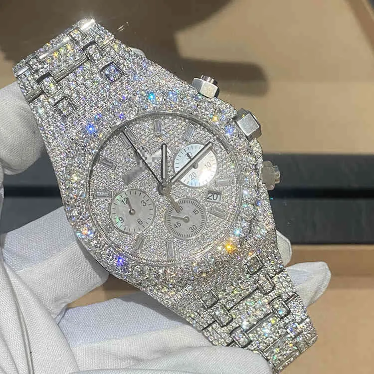 Fashion Luxury Bling Hip hop Full Iced Out Moissanite Stainless Steel Three eye Multi function Mechanical Watch