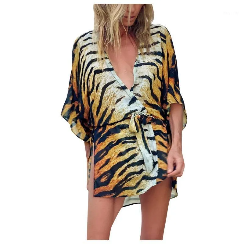 Women's Blouses & Shirts Women swimsuit 2022 Short Sleeve Leopard Print V-neck Beach Vacation Mature Generous Casual Wearelegant Woman Top 2