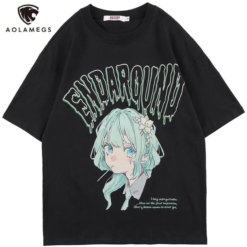 AOLAMEGS T-shirt Mannen Groen Haar Meisje Cartoon Anime Gedrukt O-hals Streetwear Japanse Harajuku Mode Tops Mannen Kleding Zomer 220408