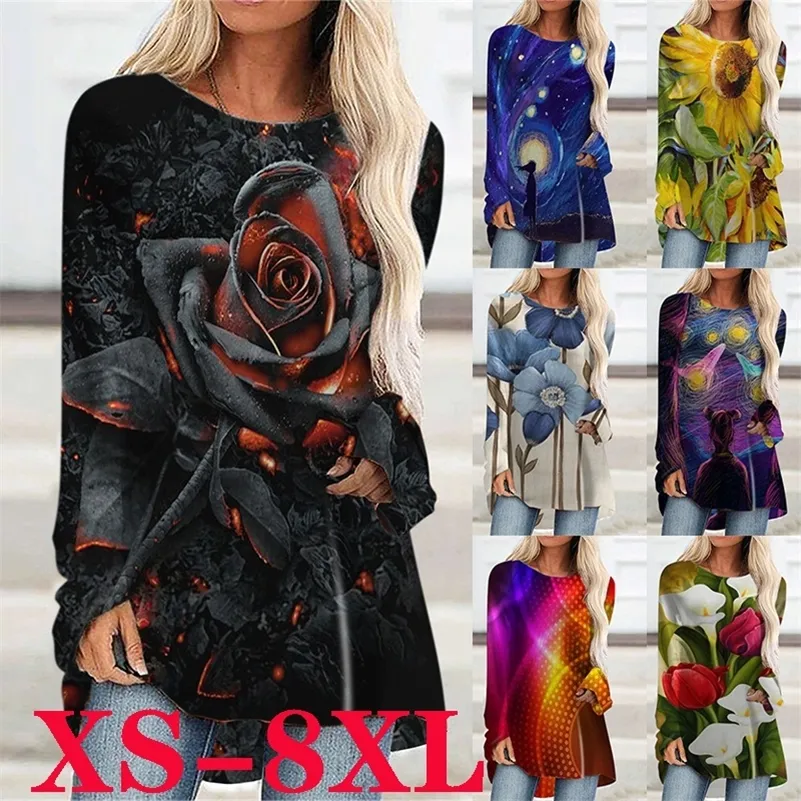 Vrouwen bloemen gedrukt casual ronde hals lange mouwen plus size katoenen tuniek losse t-shirt trui 8XL 220321