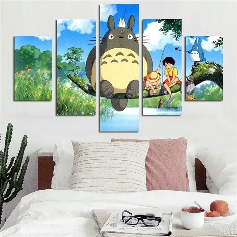 5 Panel Moderne Miyazaki Hayao Totoro Kunst HD Druck Modulare Wand Malerei Poster Bild Für Kinderzimmer Cartoon Wand Cuadros dekor T200323
