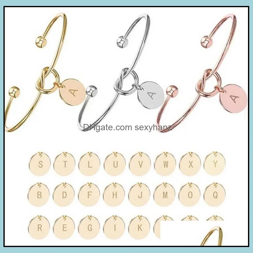 26 Initial Letter Knot Heart Bracelet Bangle Girl Fashion Jewelry Alloy Round Pendant Bracelets for Women Bridesmaid gift