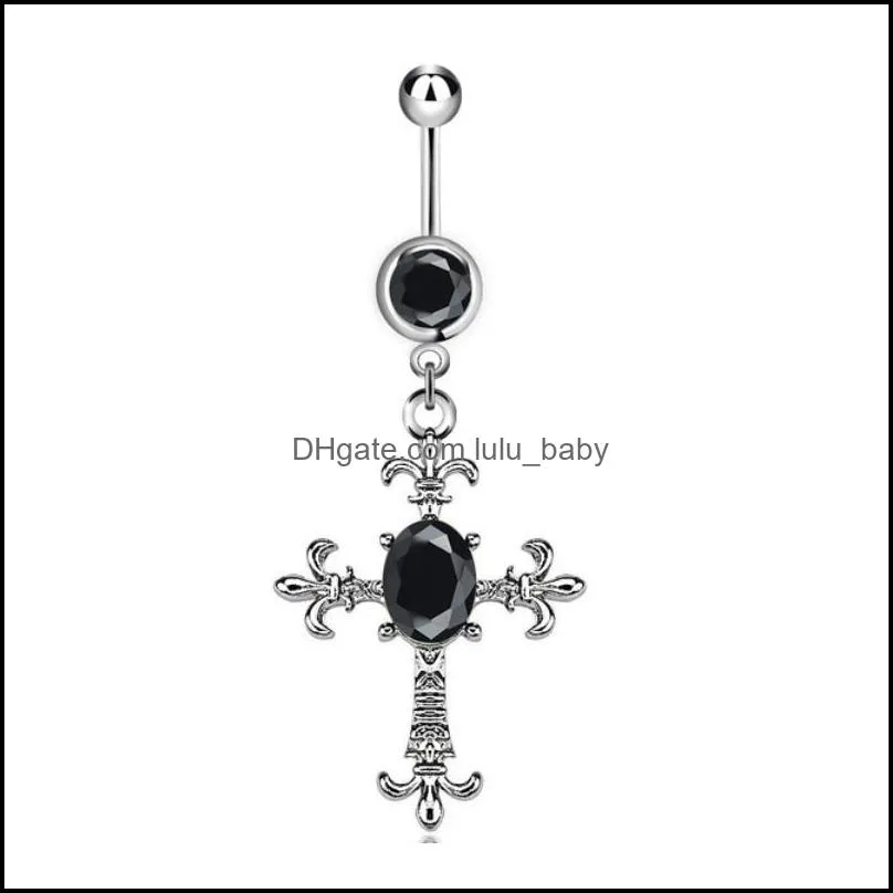dangle cross belly button rings stainless steel fake gem inlaid body piercing navel barbell ring with crossing charm