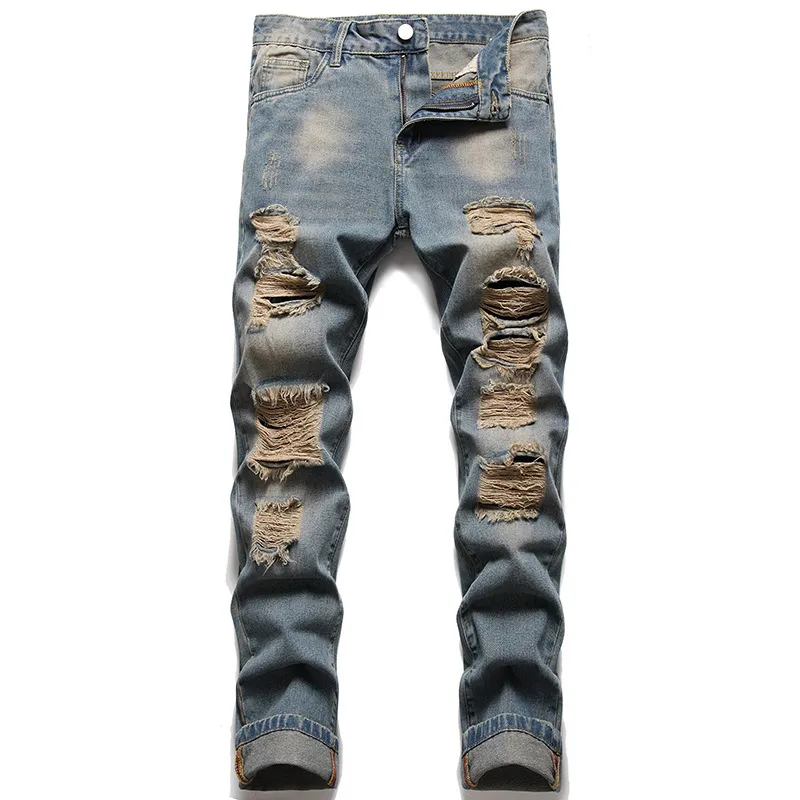 2022 nouveau Slim droite déchiré hommes jean rétro bleu Hip Hop trous Denim pantalon mode décontracté Streetwear Vaqueros de hombre