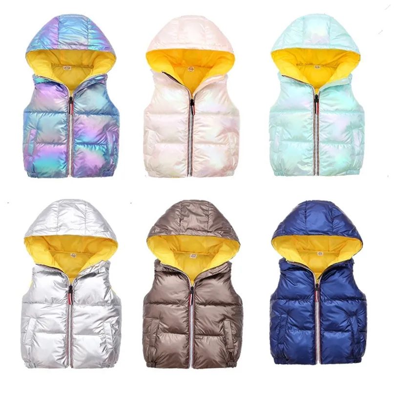 Veste matelassée en coton pour enfants avec gilet à capuche pour garçons et filles avec surface brillante argentée épaissie en automne et en hiver LJ201130