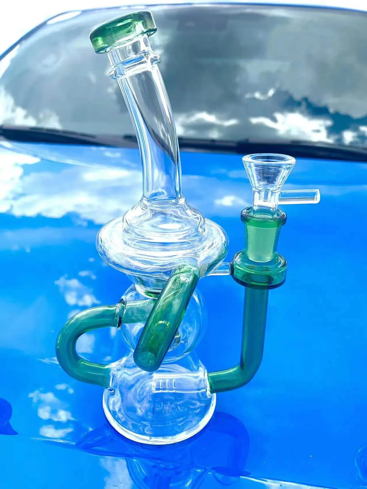 9 Inch Transparency Green Tube Hookah Glass Bong Dabber Rig Recycler Pipes Water Bongs Smoke Pipe 14.4mm Female Joint 14mm Bowl Local Warehouse