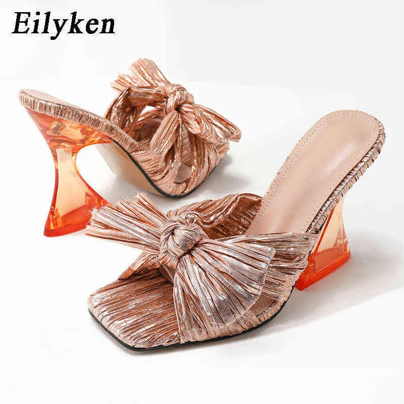Nxy Sandals New Arrival Butterfly-knot Women Slippers Sexy Summer Crystal Strange Styles High Heels Square Toe Slides Ladies Shoes