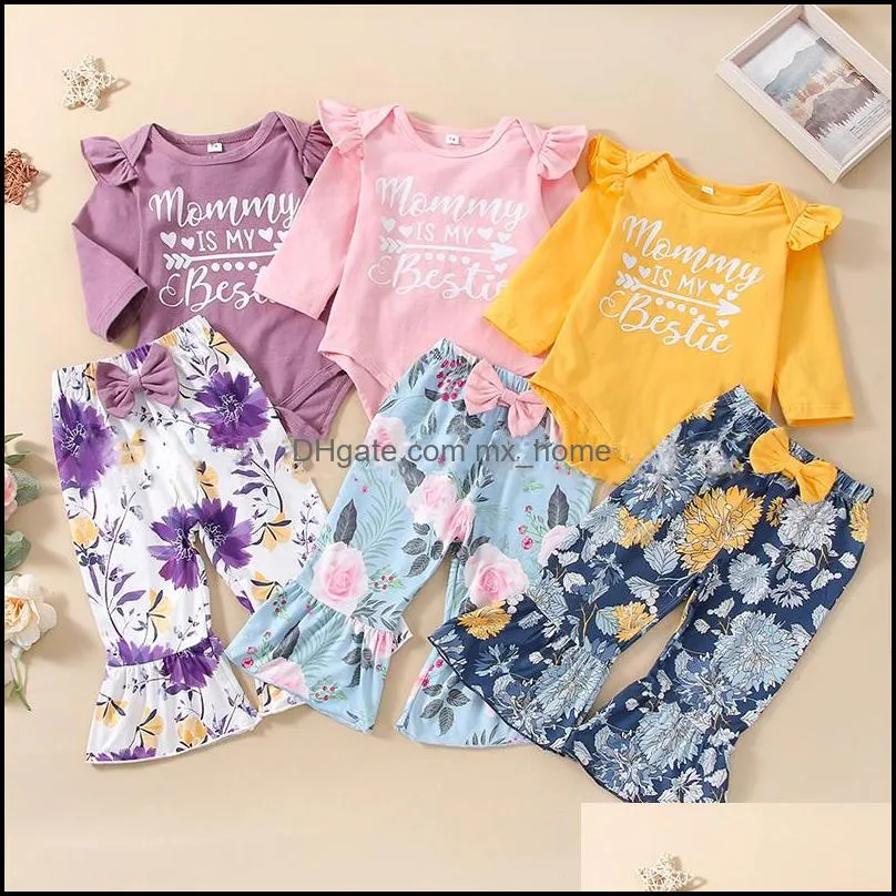 Roupas conjuntos de garotas garotas roupas infantil letra voadora de letra topsandflower estampa floral 2pcs/ mxhome dh81y