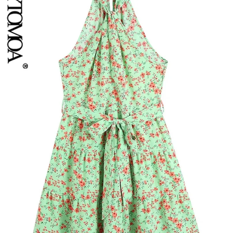 Kvinnor med bälte blommor tryck halterneck miniklänning vintage ärmlös back zipper kvinnliga klänningar vestidos mujer 220526