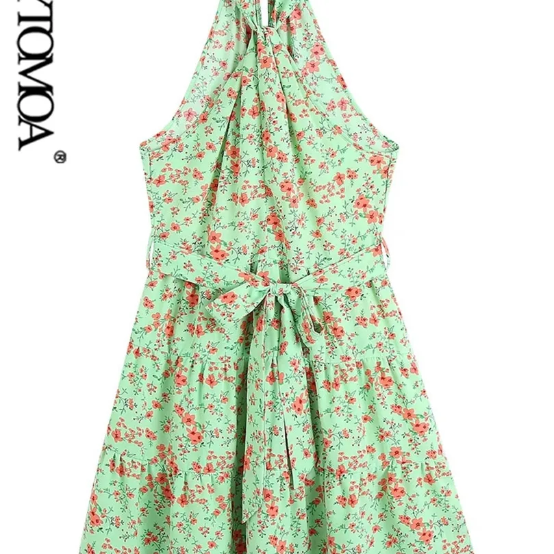 Women Fashion With Belt Floral Print Halterneck Mini Dress Vintage Sleeveless Back Zipper Female Dresses Vestidos Mujer 220526