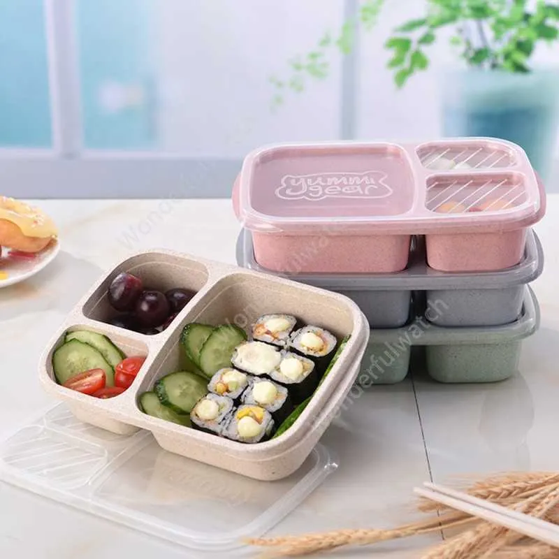 Promozione 3 Bento Box in paglia di grano con coperchio Contenitore per alimenti per microonde Contenitore di stoccaggio biodegradabile Lunch Bento Box Lunch Box via mare 600 pezzi DAW463