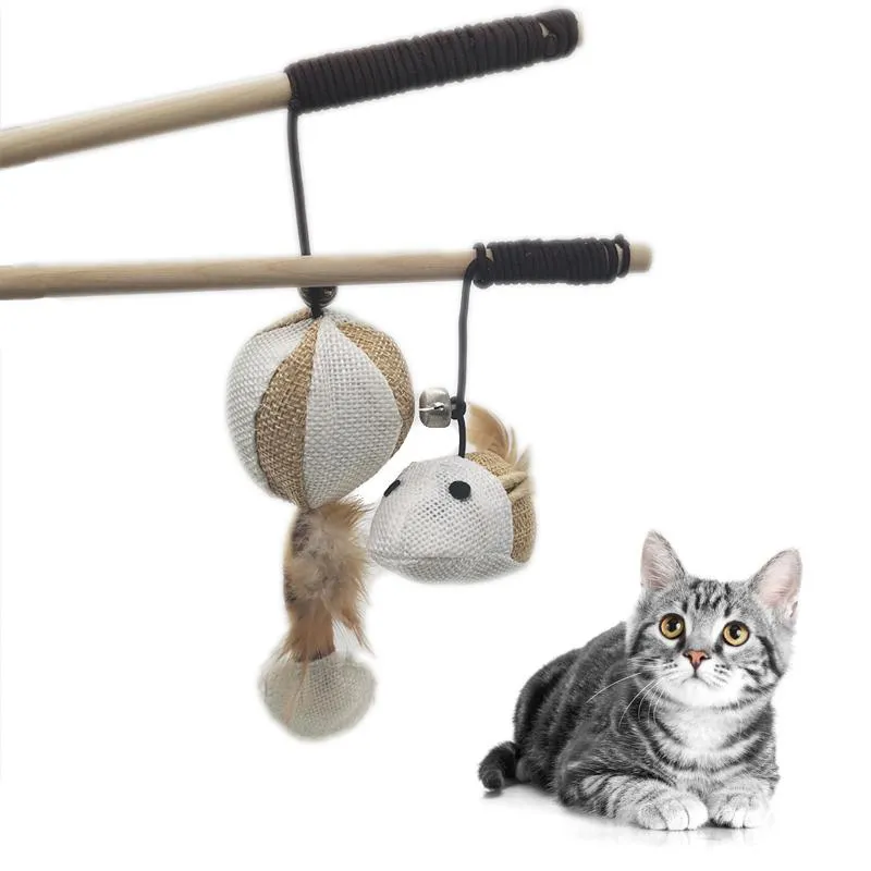 Cat Toys Pet Teaser Feather Linnen Wand Catcher Stick Interactive Wood Mouse speelgoed met Mini Bell