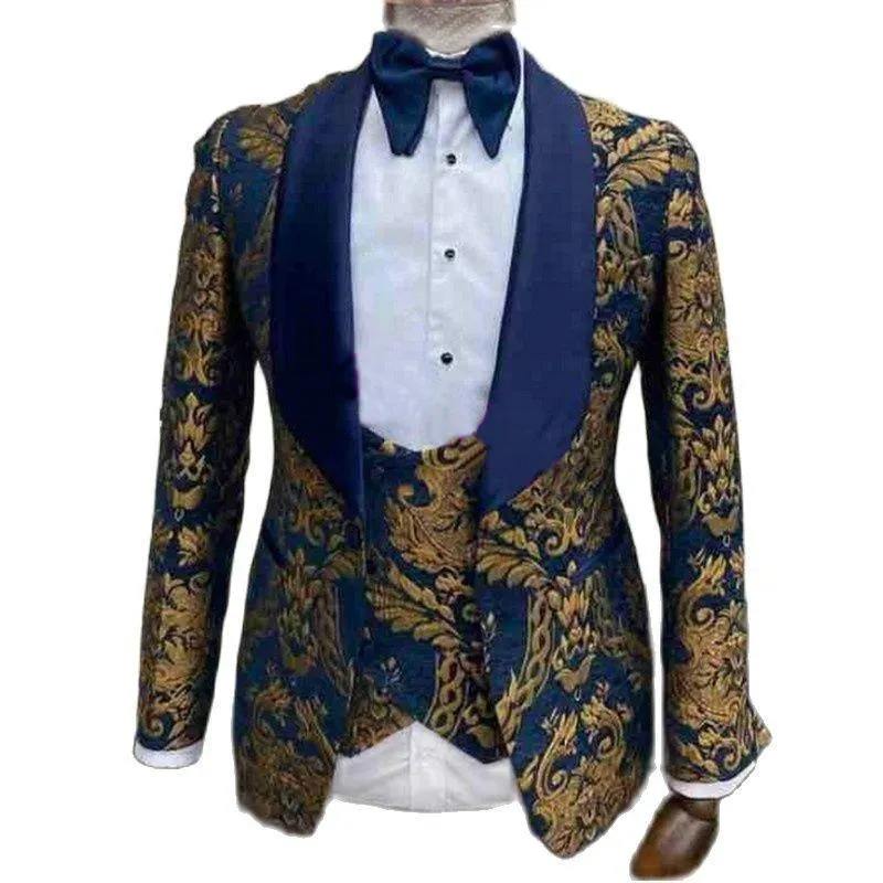 Navy Blue Gold Jacquard Tuxedo Suit Piece Men's Wedding Groom Suit,  Slim Fit Prom Blazer, Shawl Lapel Buy Now!