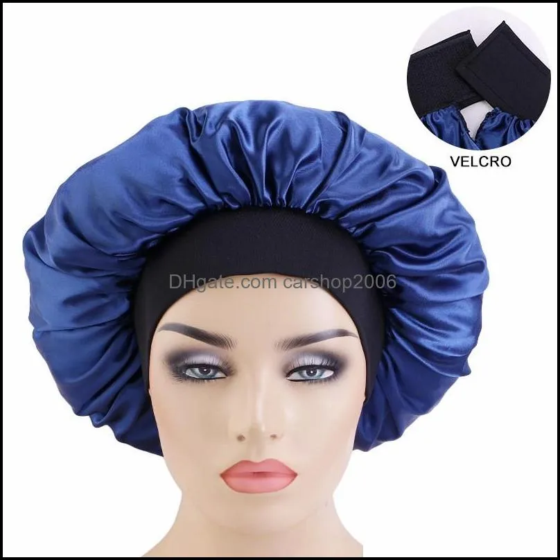 adjustable beanies women large satin wide side night sleep hats pure color round hair care beauty caps