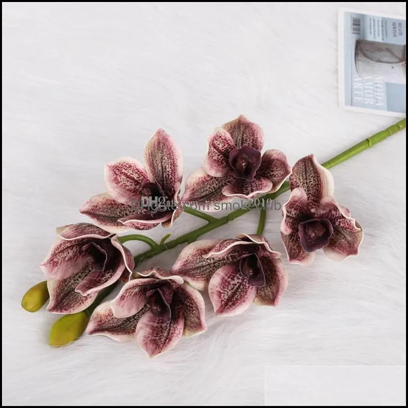 One Silicon Oriental Cymbidium Orchid Flower Branch Artificial Good Quality Moth Phalaenopsis Butterfly Orchid 6 Heads