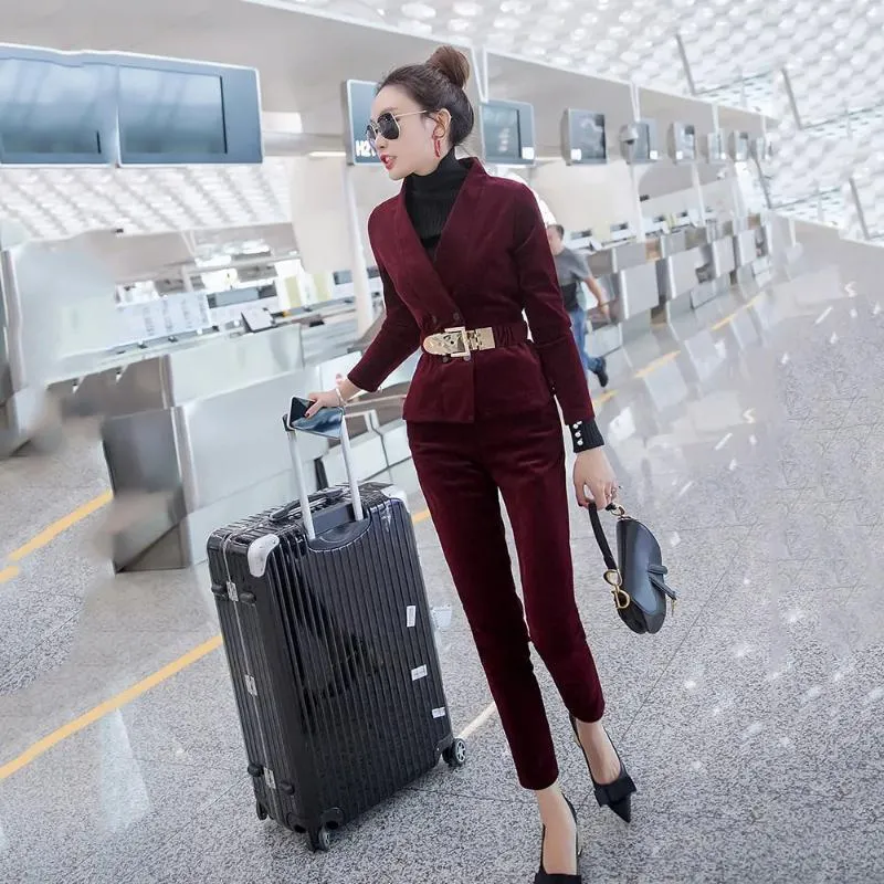 Burgundy Velvet Pant Suit Women's Formal Office Set, V-Neck Blazer,  Straight Leg Trousers, Party Prom Outfit, Ladies' Business Suit