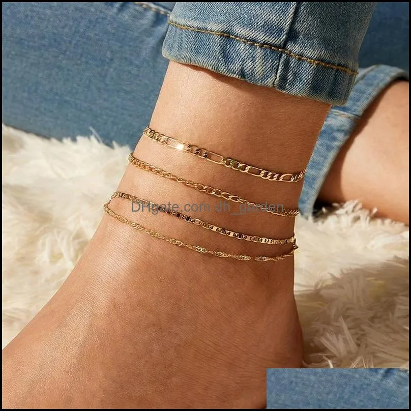 Anklets Jewelry Fashion Simple Design 4 PCSセットゴールドメッキ混合された多様なチェーンフットドロップ配達2021 QWFL2