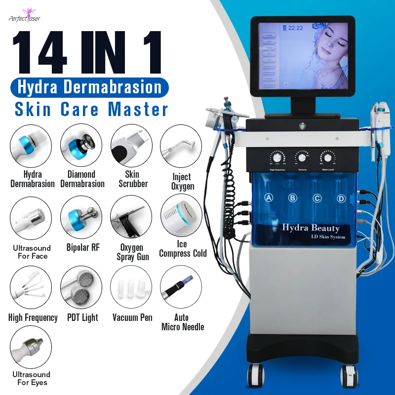 FDA -godk￤nd mikrodermabrasion hydra dermabrasion vatten reng￶ring hudv￥rd hydro utrustad med 14 handtag sk￶nhetsmaskin 2 ￥rs garanti
