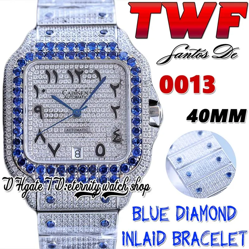TWF tw0013 Japan Miyota Automatic Mens Watch Blue Big Diamonds Bezel Iced Out Diamond Dial Black Arabic Markers Stainless Bracelet Super Edition eternity Watches