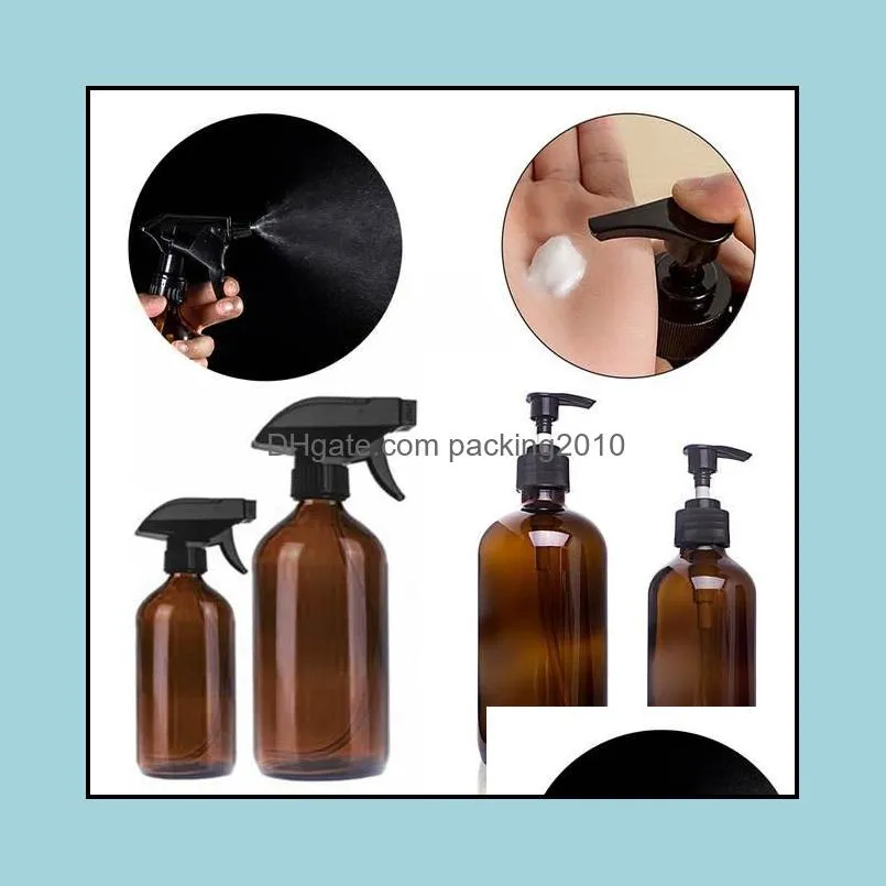 Liquid Soap Dispenser 250/500ml Large Empty Amber Glass Bottles With Black Trigger Mist Stream Spray Storage / Pressed Pump Bottle For Shower
