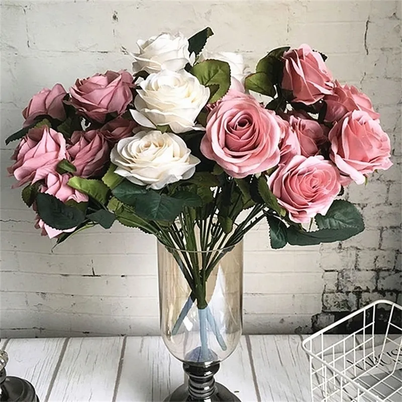 10 teste Big Artificial Rose Flower Bouquet Flores Artificialeles DEGNAZIONI FACCHI FACCHI FOLLE FLOORE FLOUR ARTIFICALE 220527