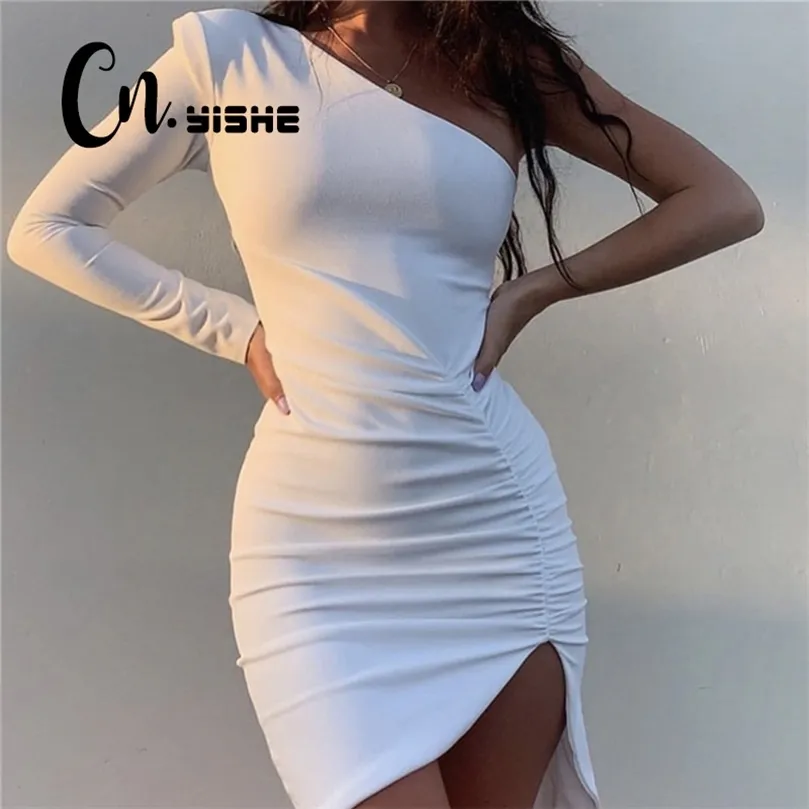 Vestido de primavera Cnyishe Mulheres Moda Solid One ombro Clube Sexy bainha Slim Mini Dress Mulheres vestidos vestidos feminino 220511