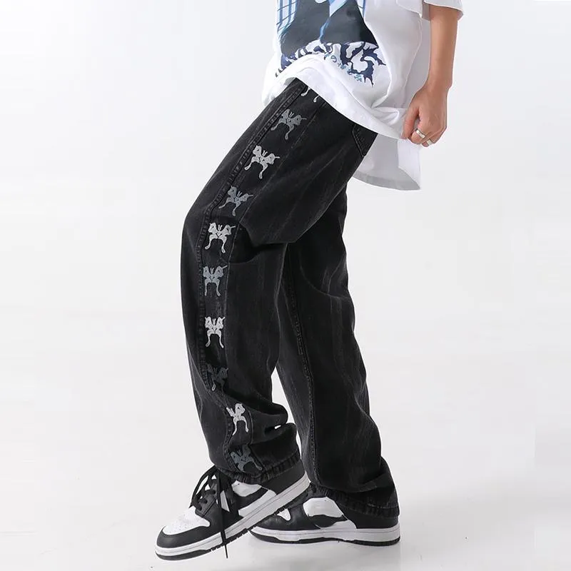 Jeans pour hommes Rétro Vert Hommes Brodé Baggy Pantalon Droit Mode Coréenne Demin Pantalon Hip Hop Streetwear Mâle Bas Y2228B