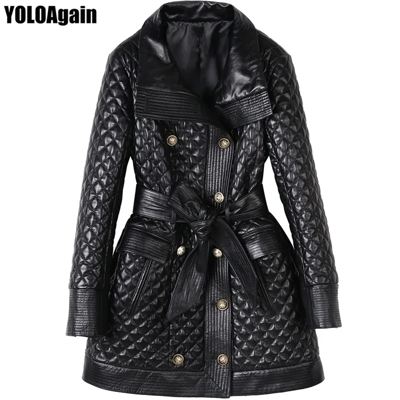 YOLOAgain femmes veste en cuir véritable dames double boutonnage long vrai manteau 201030