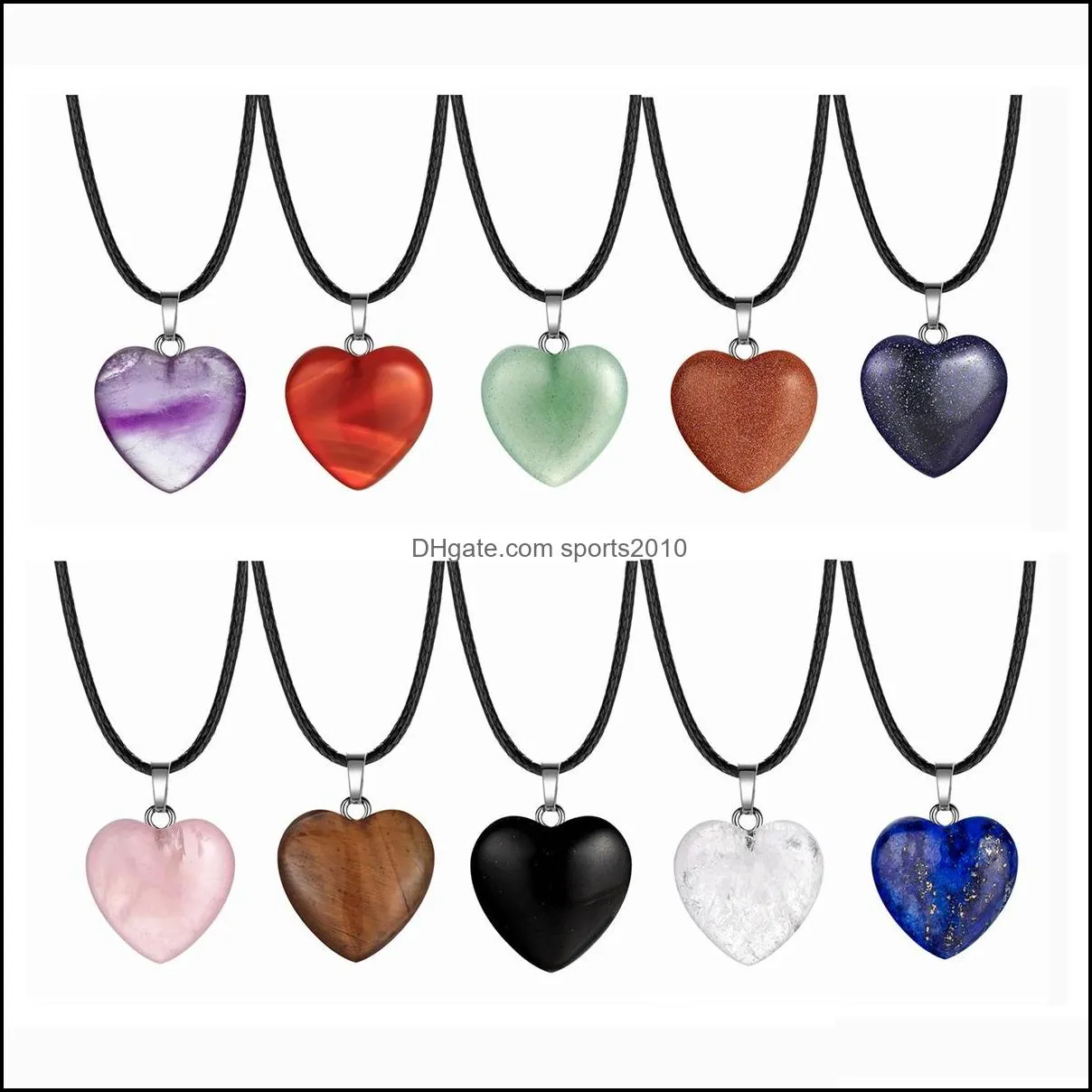 natural stone love heart pendant necklace 45cm black rope leather cord for women men friendship happy jewelr sports2010