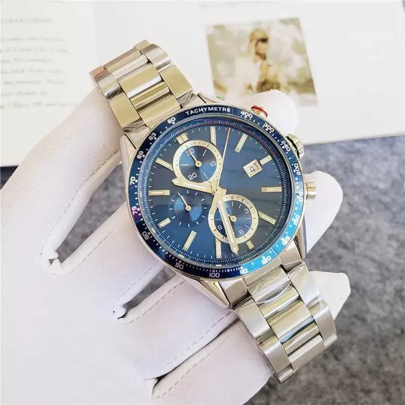Quality Business Hight watch Fashion quartz chronograph Wristwatches full Stainless steel Blue face 5 ATM waterproof luminous pointer Montre