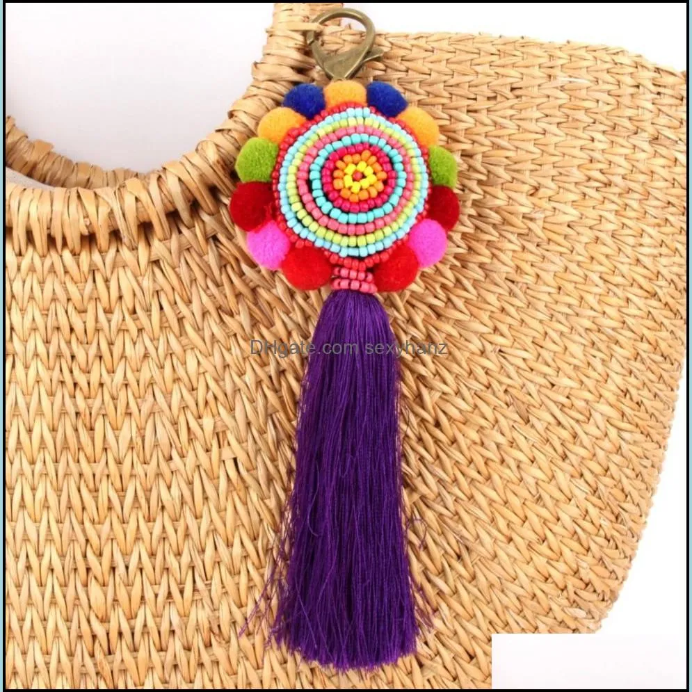 big pompom beaded tassel keychain boho long bag pendant charm keyring for women purse handbag decor y435z