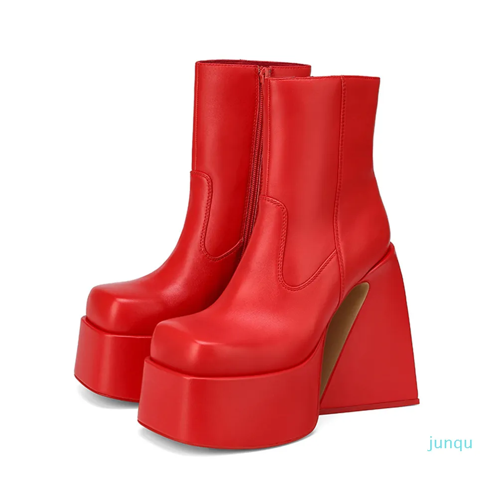 2022 높이의 품질 여성의 섹시한 하이힐로드 부츠 두꺼운 검은 색 빨간 드레스 파티 웨딩 웨딩 신발 가을과 겨울 짧은 부츠 크기 34-43