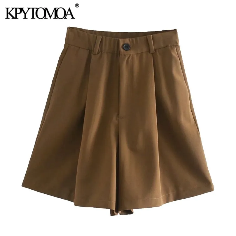 KPYTOMOA Femmes Mode Plissé Bermuda Shorts Vintage Taille Haute Zipper Fly Poches Latérales Femme Pantalon Court Mujer 210301