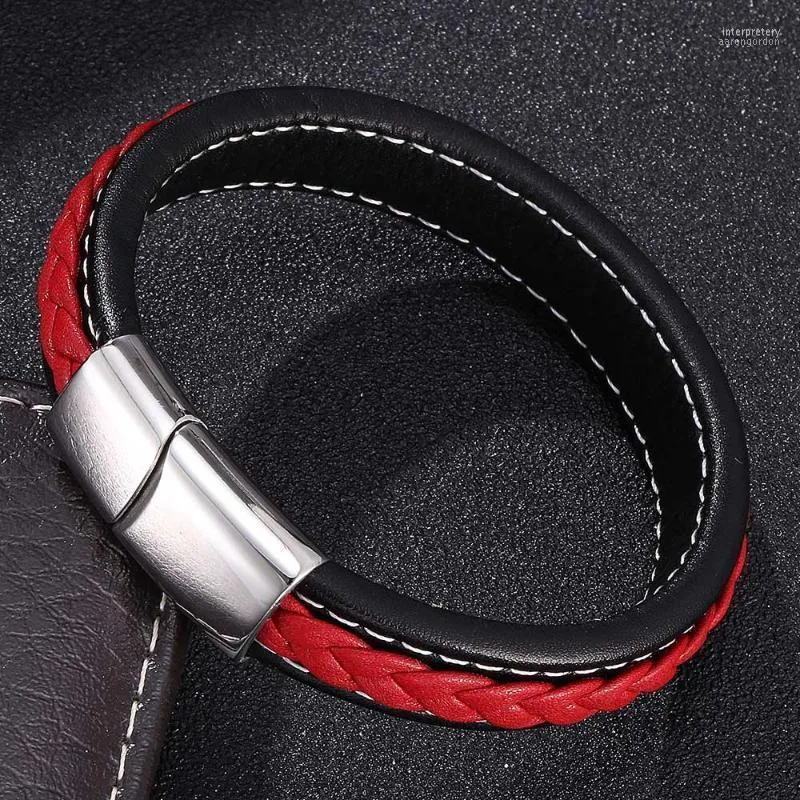 Europe Style Innovative Red And Black Two Tones Stainless Steel Magnetic Clasp Custom Leather Bracelet For Men Bangle Inte22