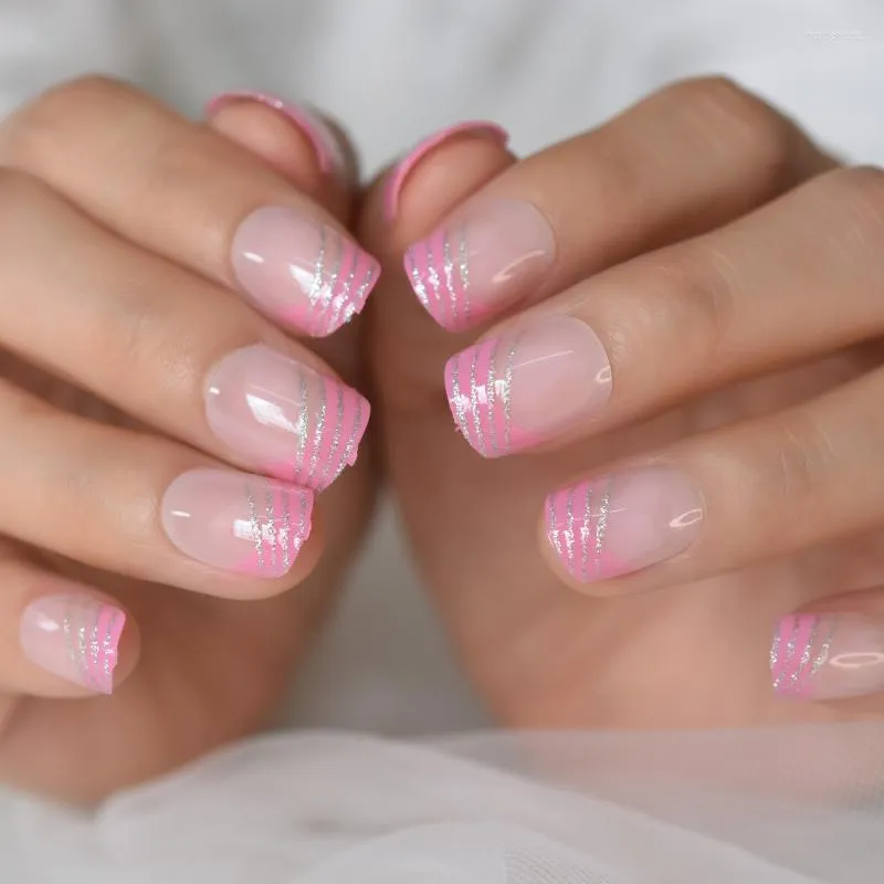 False unhas rosa nude francês francês curto prateado brilho prateado squoval square gel de gel na unha para menina capa de dedão de dedão decor prud22