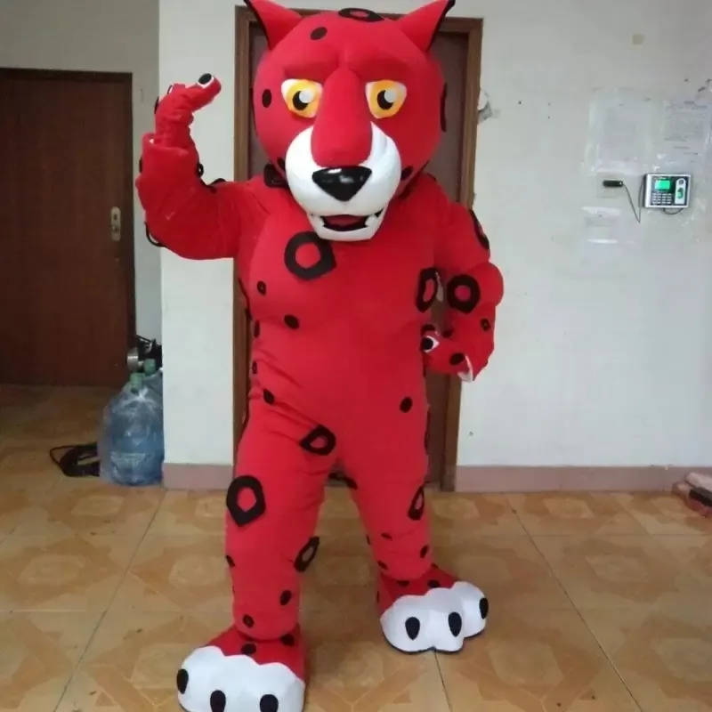 Alta Qualidade Vermelho Leopardo Mascot Trajes Halloween Fantasia Vestido Dos Desenhos Animados Personagem Carnaval Xmas Páscoa Publicidade Anunciança Festa de Aniversário Roupa