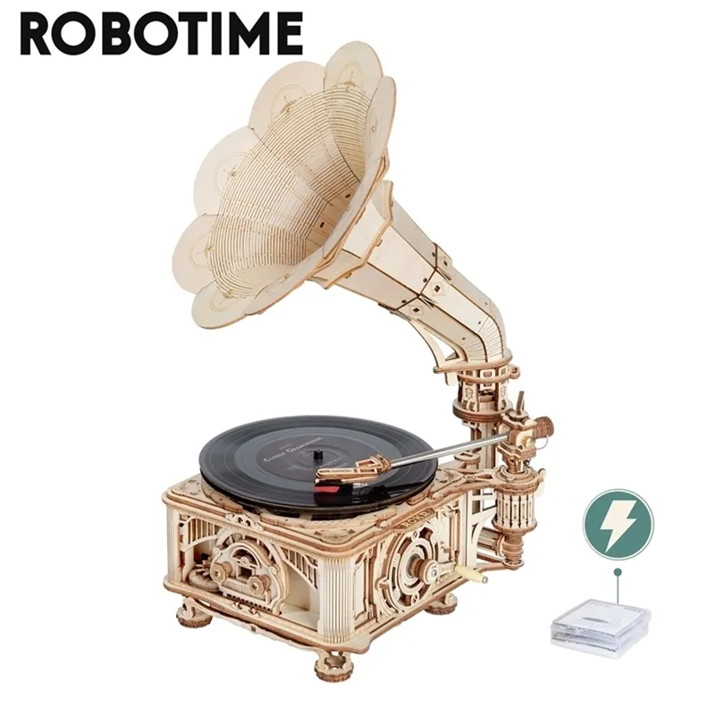 Robotime Hand Crank Classic Gramophone With Music 1 1 424PCS trämodell Byggnadssatser Gift för barn Vuxen LKB01 Heminredning 220715