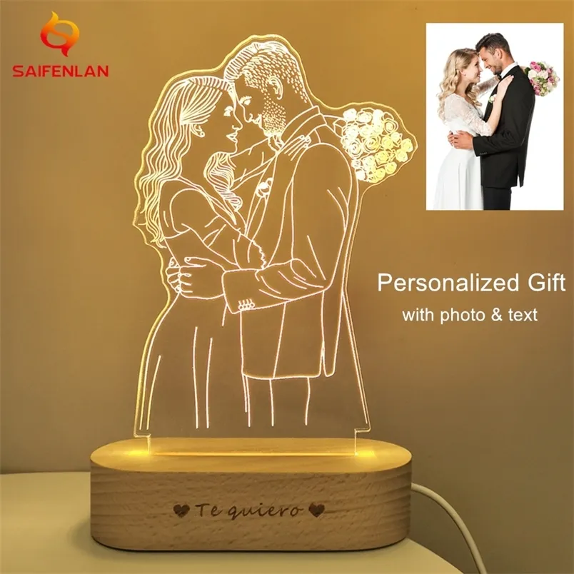 Personalizado PO 3D Lâmpada PO Gravura personalizada Texto de casamento USB Nightlight Anniversary Presentes de aniversário de Natal 220623