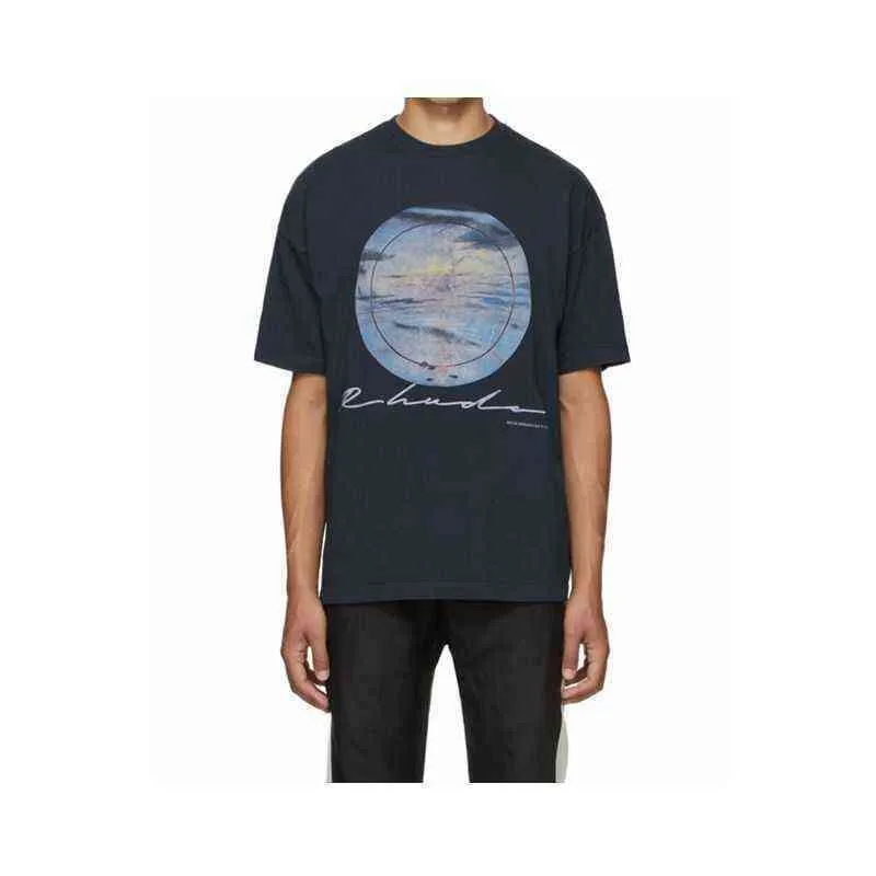 Diseñador de la marca Luxury Rhude Camiseta de alta calidad Versión correcta 2022 Marca de moda de verano Rhude Sunset Impreso High Street Camiseta de manga corta para hombres y mujeres