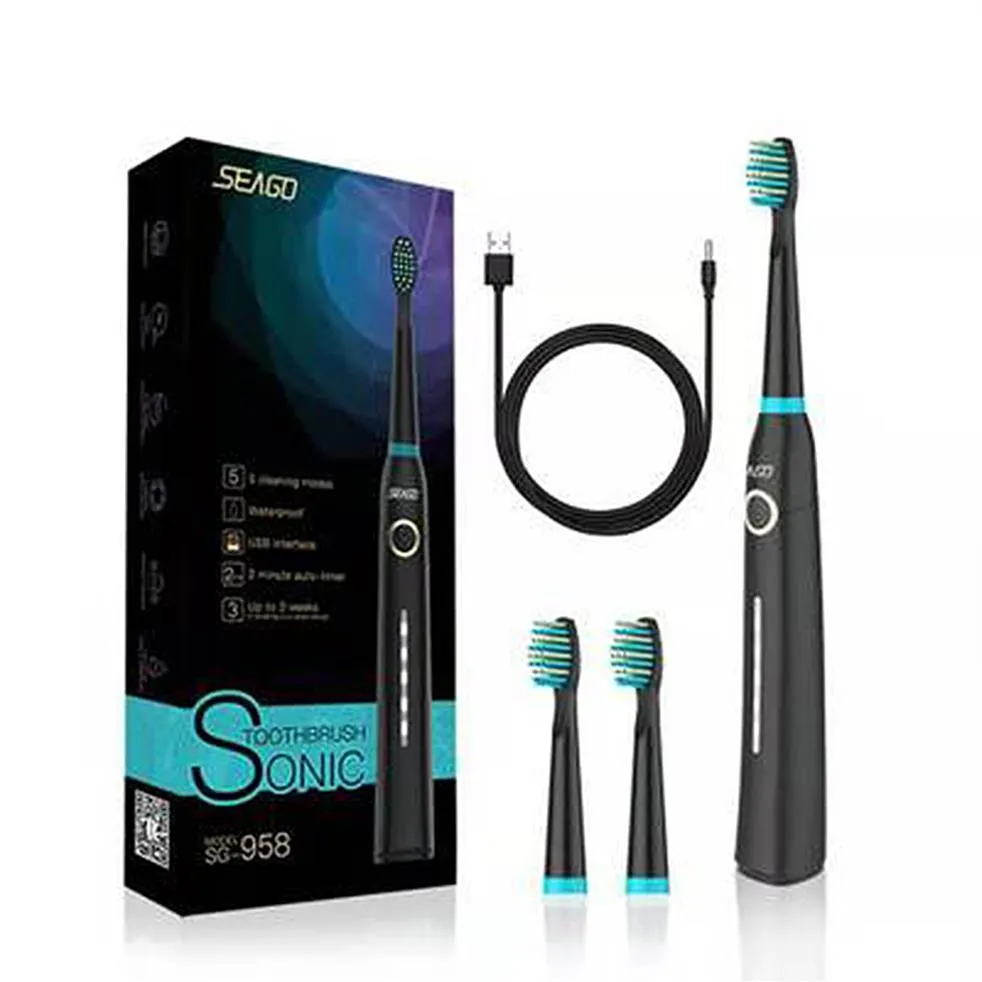 SeaGo 958 Automatic Sonic Sonic Electric Dentifrice avec 3 têtes de brosse Chargements USB 5 Modes 40000 fois Vibration / Min IPX7 Waterproof230F