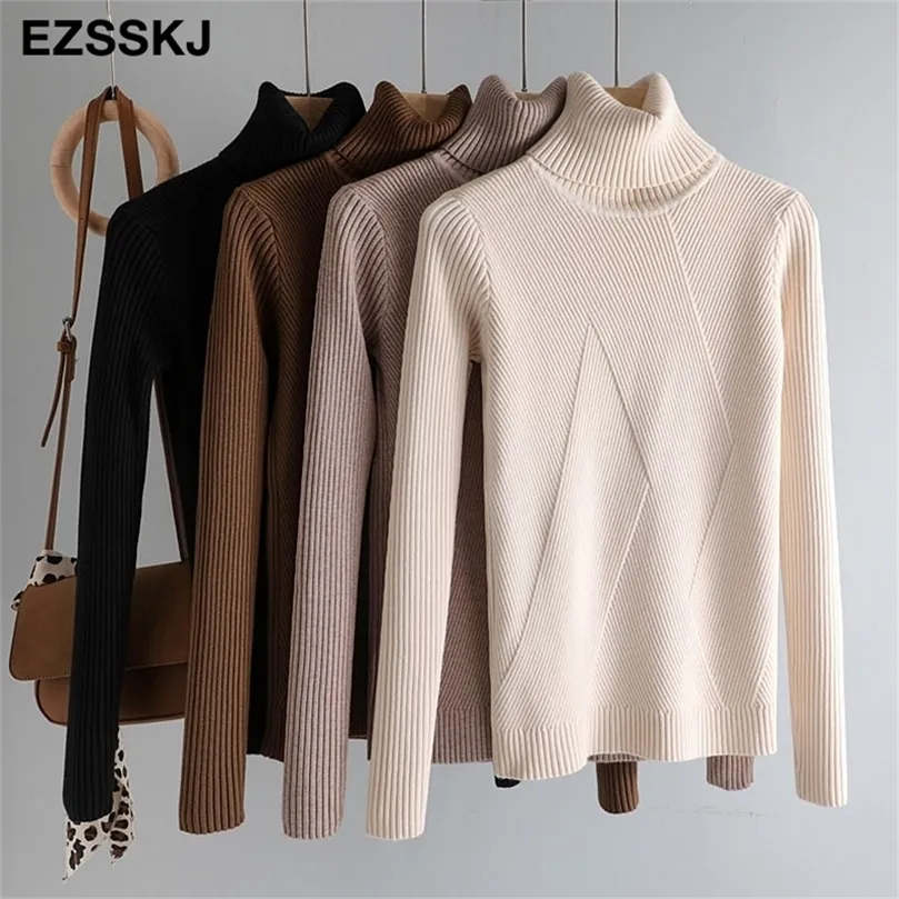 Dikke gebreide vrouwen hoge nek trui trui turtleneck herfst winter basale vrouwen truien slank kaki jas pullovers 201224