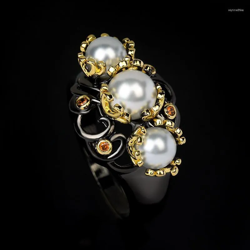 Bagues de Grappe Bijoux pour Femmes Exquis Incrusté de Perles Zircon Mariage Élégant Or Noir Bicolore JewelryCluster Wynn22