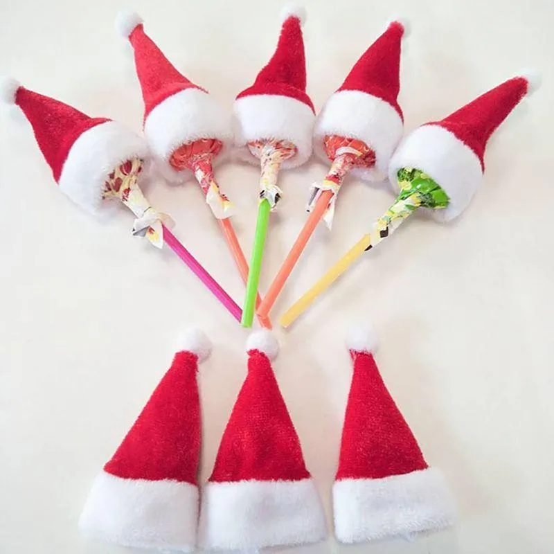 10 teile/satz Mini Weihnachten Hut Santa Claus Weihnachten Lutscher Hochzeit Geschenk Kreative Kappen Baum Ornament Dekor