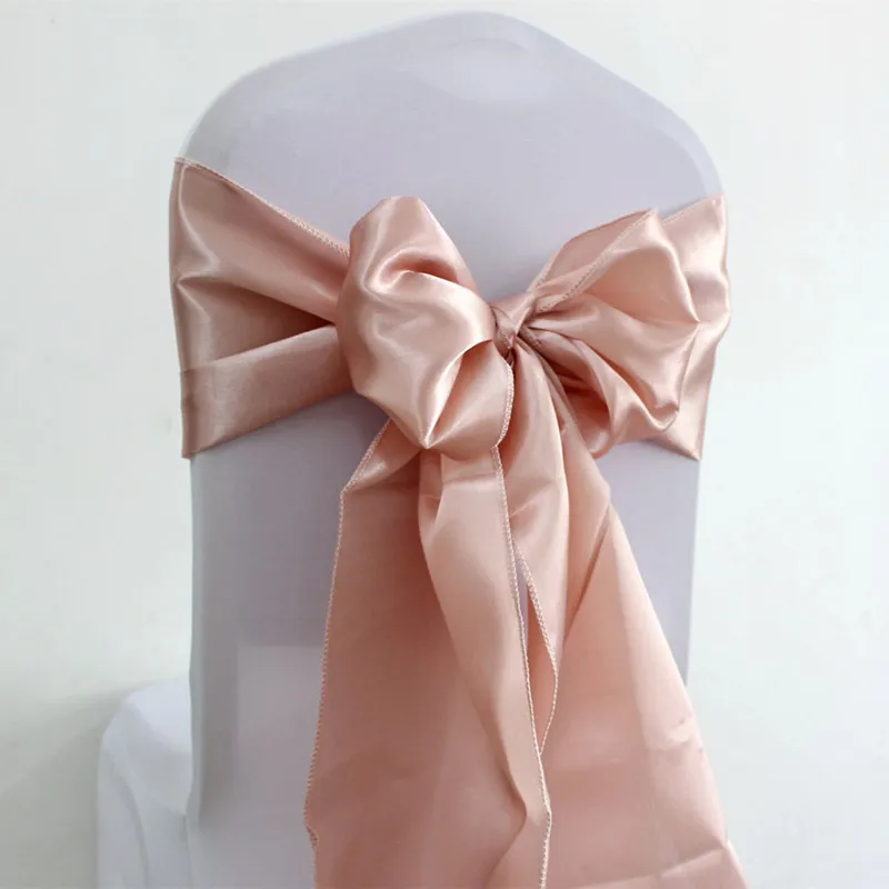 25pcs Rose Gold Satin Chair Bow Sashes Wedding Chair Ribbon Butterfly Cravatte per la decorazione di banchetti di hotel per eventi di feste