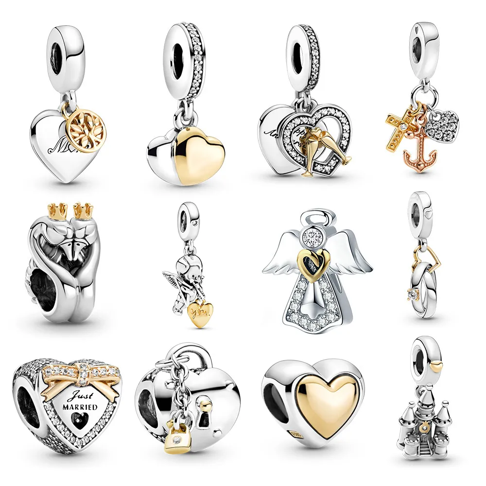 Ciondolo in argento 925 Fedi nuziali bicolore Ciondola il ciondolo con ciondolo Fit Collana Pandora originale per regalo di gioielli di moda femminile