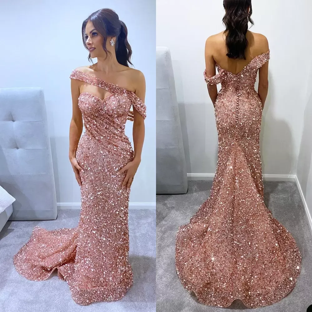 2022 Rose Gold Bridesmaid Dresses Mermaid Plus Size Sparkly paljetter African Off the Shoulder Custom Made Chiffon Floor Length Maid of Honor Gown 401 401