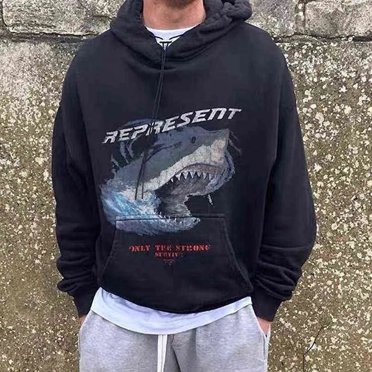 Requin présent dommages lavage utilisé sweat à capuche Vintage haute rue lâche Couple hommes