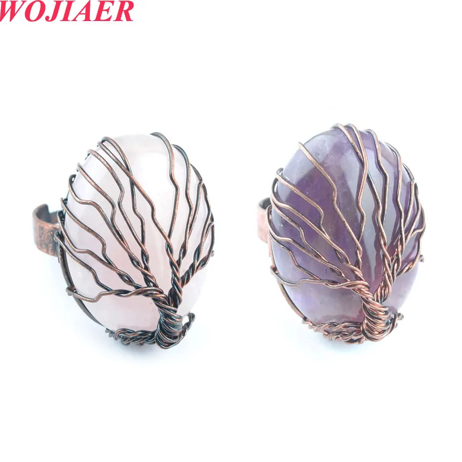 여자를위한 Wojiaer 골동품 반지 자연 돌 계란 모양 구슬 빈티지 와이어 삶의 나무 조절 링 bo913