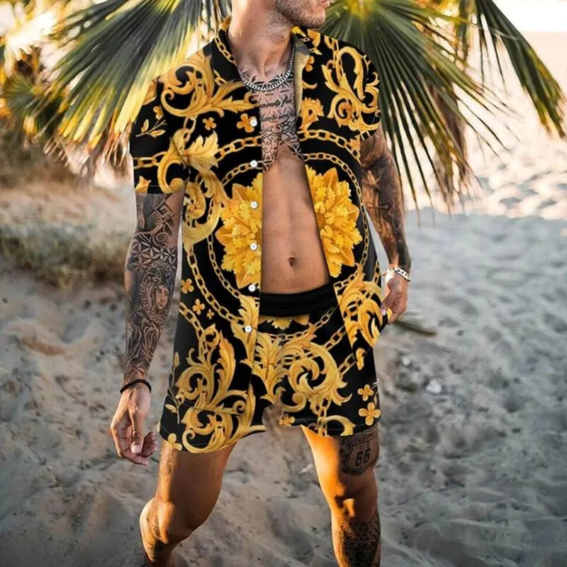 Summer Men Hawaiian Tracksuits طباعة القميص القميص القميص شورت الشاطئ اثنين