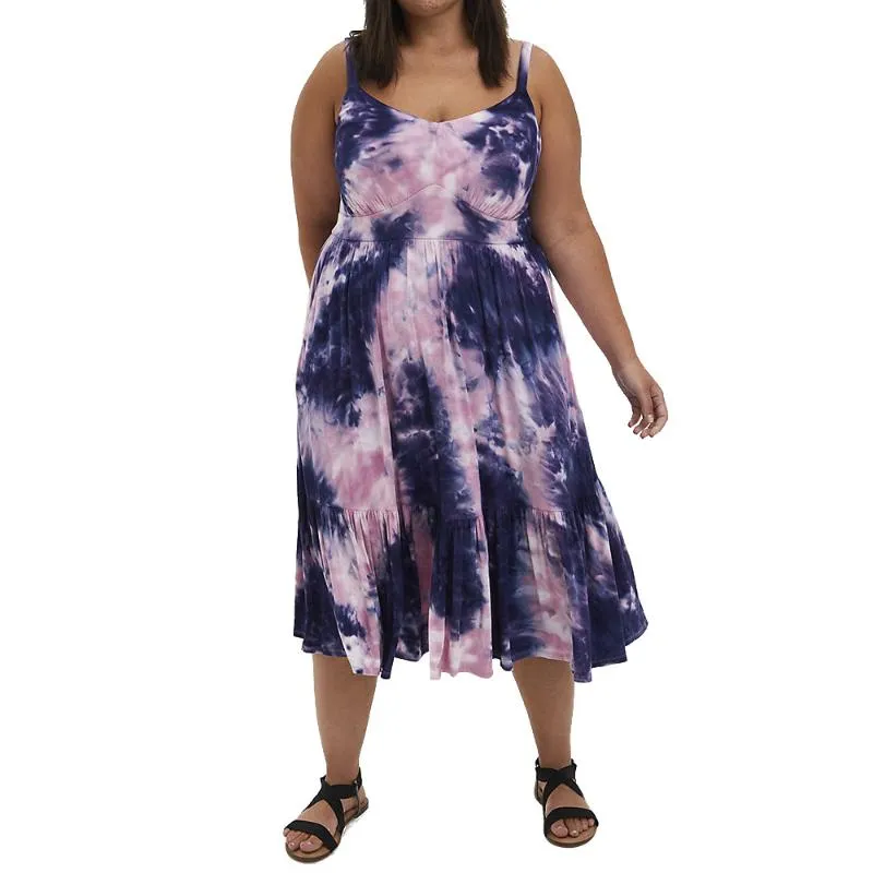 Abiti taglie forti Abito elegante tie dye da donna 2022 Vestito estivo estivo senza maniche senza schienale con cinturino sexy e vita altaPlus